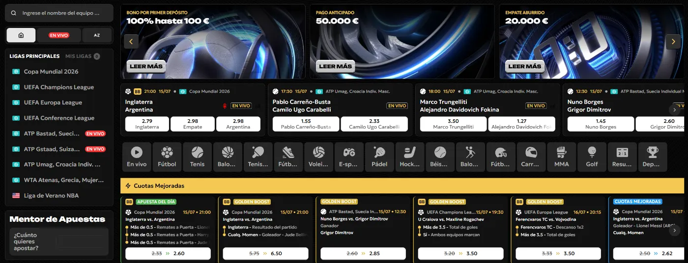 Spinsy Casino apuestas deportivas en vivo con cuotas, partidos y promociones