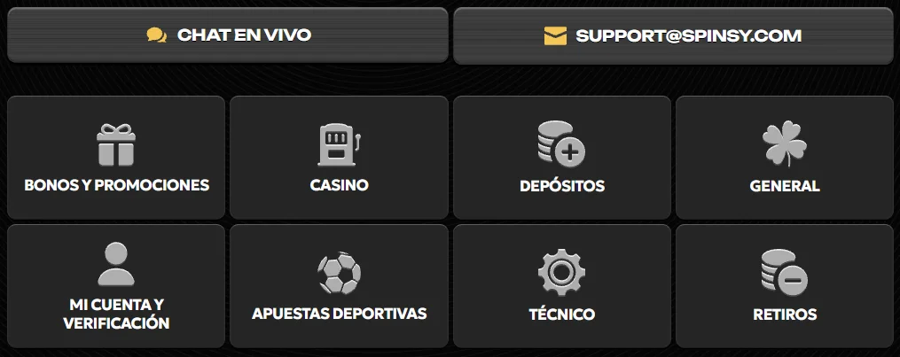 Spinsy Casino centro de ayuda con categorías de soporte, pagos y cuenta